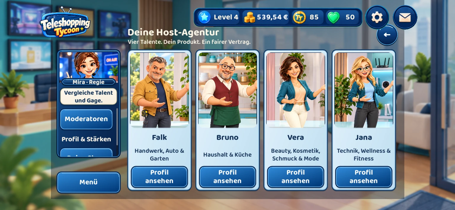 Falk, Bruno, Vera und Jana in der Host-Agentur
