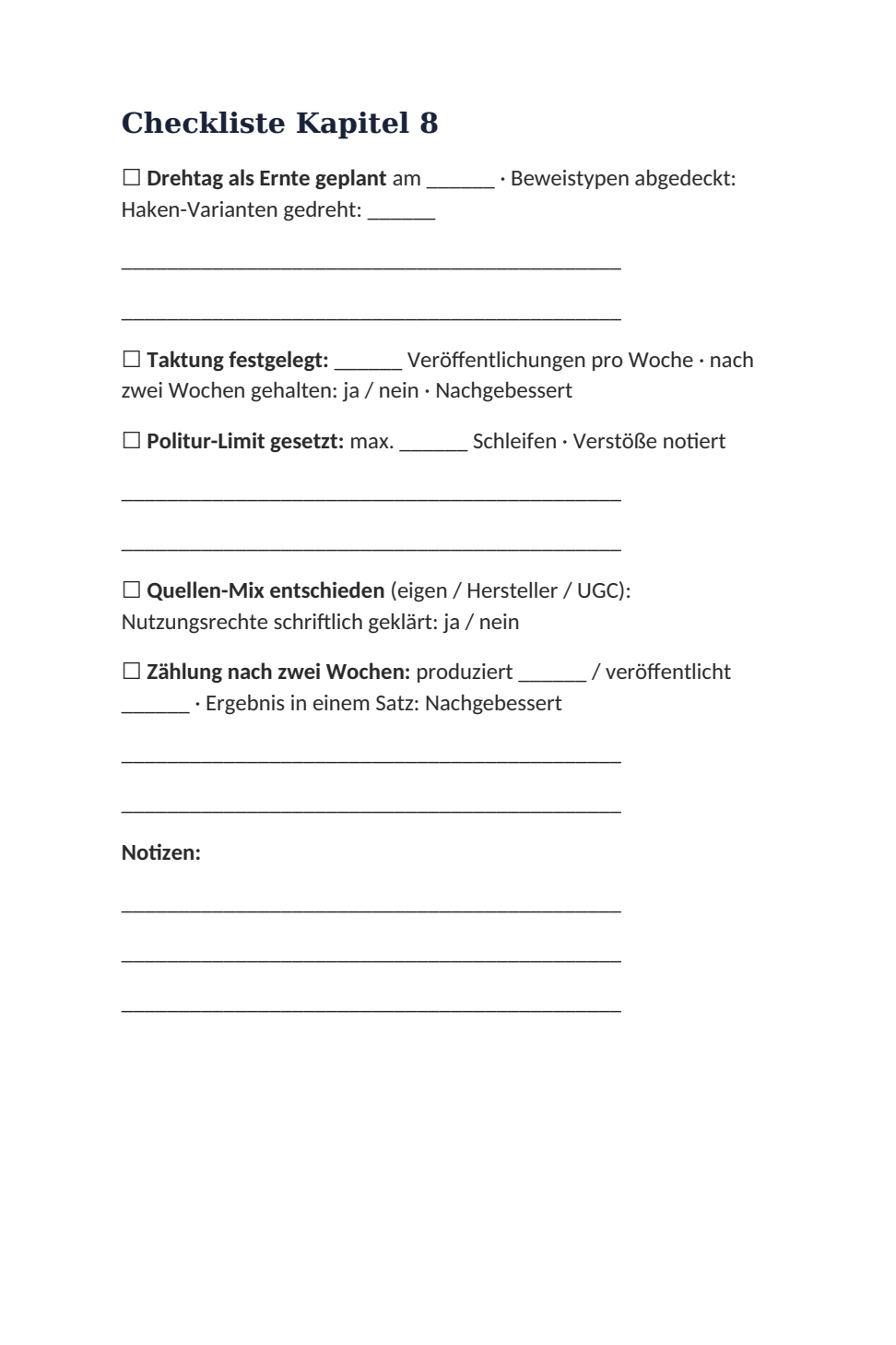 Original-Checkliste aus Kapitel 8 mit Schreibraum für die eigene Videoproduktion