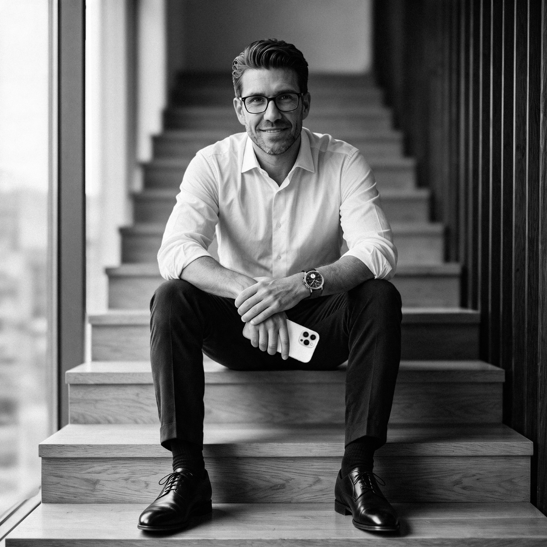 Christoph Hoffmann, auf einer Treppe sitzend